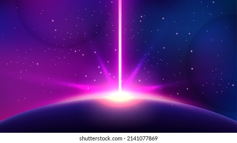 Violet Light Rising from Planet Horizon, Glowing Shine Background. Widescreen Vector Illustration