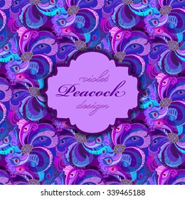 Violet lilac and blue peacock feathers pattern. Seamless pattern background with vintage label. Text place. Vector illustration.