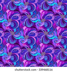 Violet lilac and blue peacock feathers pattern.   background. Vintage design. Vector illustration.