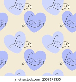 Violet lilac hearts and beautiful inscription LOVE, calligraphic lettering romantic pattern on soft background. For wedding decoration. I love you, symbol. Happy Valentines Day. Vector illustration