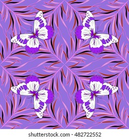 Violet lilac seamless pattern with butterflies. Vector.