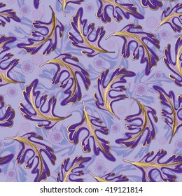 Violet lilac seamless pattern with golden details. Fantasy leaves and flowers multilevel background.
