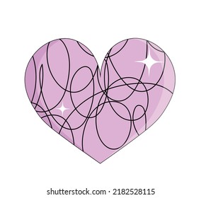 Violet line heart. Sticker for social networks, graphic element for website. Chaos and disorder, aesthetics, beauty and glamour. Love, care and romance concept. Cartoon flat vector illustration