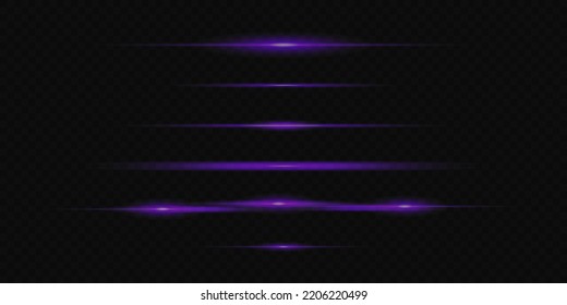 Violet lines collection effect. Neon horizontal light lines. Laser beams, horizontal beams of light. Beautiful neon flares.