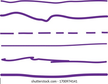 Violet lines hand drawn vector set isolated on white background. Collection of doodle lines, hand drawn template. Violet marker and grunge brush stroke lines, vector illustration