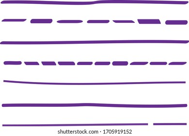 Violet lines hand drawn vector set isolated on white background. Collection of doodle lines, hand drawn template. Violet marker and grunge brush stroke lines, vector illustration