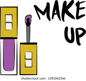 violet lipstick and lip gloss make up, Hand drawn cosmetics set. Make up, brush - Fashion illustration vector object isolated on white background