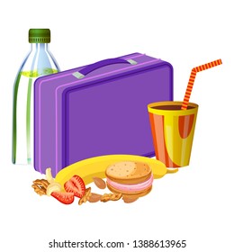 Violet lunchbox with drink icon. Cartoon of violet lunchbox with drink vector icon for web design isolated on white background