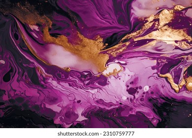 Violet Luxury acrylic fluid art Deco 3d vector background. Liquid marbled textured pattern ornament with surface wavy lines, gold glitters. Modern trendy decorative ornate beautiful design. Texture.