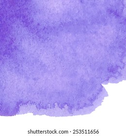 Violet macro watercolor paper texture stain on white background. Wet brush streaks hand painted abstract illustration. Artistic design element for card, banner, scrapbook, wallpaper, template, print 