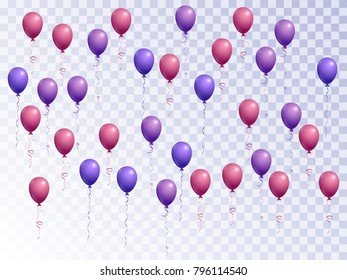 Violet and magenta balloons group isolated vector graphic design. Carnival or music festival decoration. Realistic helium flying balloons isolated bunch party decor objects group design on transparent
