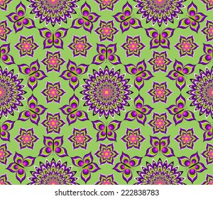 Violet magic flowers and butterflies (motion illusion). Seamless pattern.