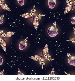 Violet magisches Muster mit Schmetterlingen und Kräutern. Böhmisches Stoffdesign. Zeitgenössische Komposition.