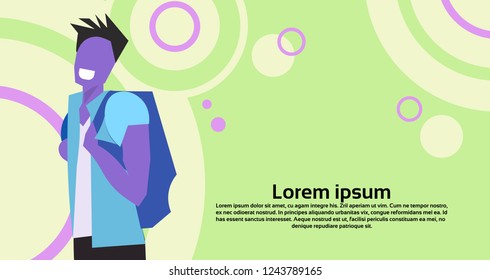 violet man holding backpack successful study concept male cartoon character portrait flat horizontal copy space