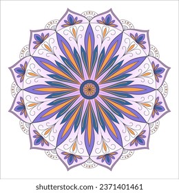 Violet mandala. Cozy ornamental vector illustration. Mandala on white background. Decorative round ornaments. Art floral oriental ornament for print.