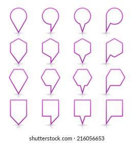 Violet map pin sign location icon with gray reflection and shadow isolated on white background  in simple flat style. This web design element save in vector illustration 8 eps