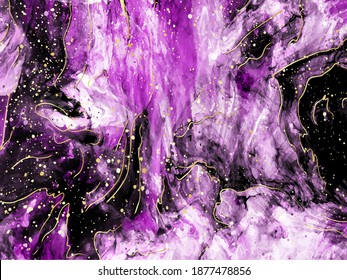 Violet marble and gold abstract background texture. Violet, purple marbling with natural luxury style lines of marble and gold powder. Vector illustration