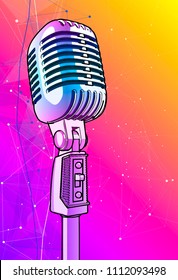 Violet microphone on a bright multi-colored background - vector image. A glossy metal microphone pink-blue is surrounded by a minimalistic digital sound wave