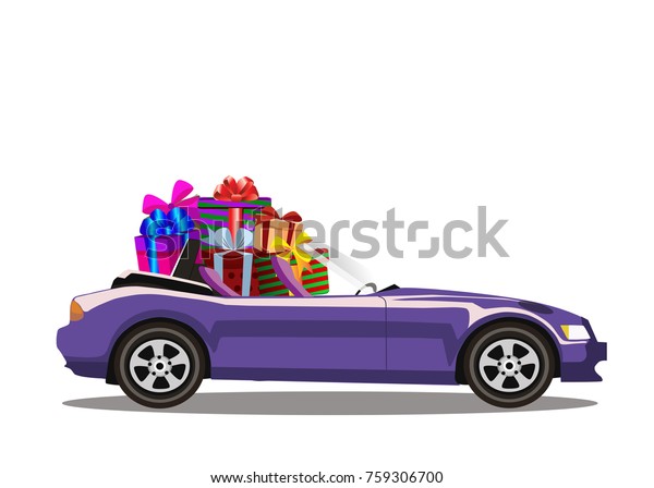 Violet modern cartoon cabriolet car full of gift boxes\
isolated on white background. Sports car. Vector illustration. Clip\
art. 