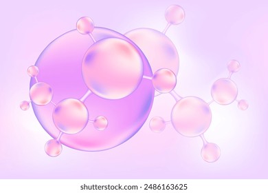 Violet molecule beauty background, 3D bio cell. Lavender gradient wallpaper with copy space for cosmetology, bio molecule abstract scientific icon. Beauty, skin care molecular atom illustration