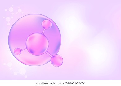 Molécula violeta de ácido hialurónico o colágeno, célula 3D. Fondo de gradiente de lavanda para cosmetología, icono científico abstracto de la molécula biológica. Ilustración del átomo molecular del cuidado de la piel de la ciencia de belleza