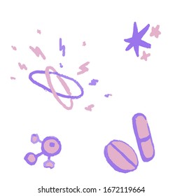 Violetmolekül und Pillen auf weißem, isoliertem Hintergrund. Abstrakter Aufkleber für Notebook, Social Banner, Postcard oder Social Network. T-Shirt oder Hoody-Druck. Stockillustration für Kids-Cartoons im Stil der Vektorillustration