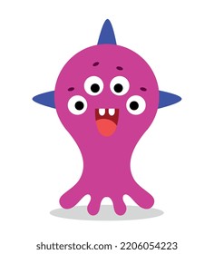 Violet monster character. Unusual mutant with blue spike and large number of eyes. Toy or mascot for children. Fear and horror. Magic, mysticism and sorcery. Cartoon flat vector illustration