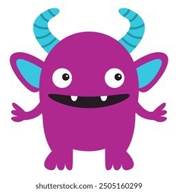 Violet monster standing. Happy Halloween. Cute monsters silhouette icon. Eyes, fangs, blue horns ears. Cartoon kawaii funny character. Childish style. Flat design. Isolated. White background. Vector