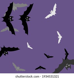 Violet Motion Night Gothic Halloween Art Illustration. Creepy Attack Purple Sky Retro Bats Vector Illustration. Print Grey White Black Art Flying Bats Fabrics. Colorful Eyes Spooky Scary Wallpaper.