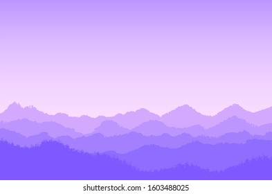 Violet mountain landscape with fog and forest by different levels,- vector illustration
