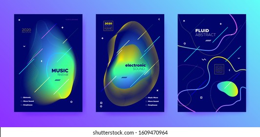 Violet Music Design. Gradient Layout. House Concert. Trendy 3d Flow Invitation. Blue Music Flyer. Futuristic Layout. Trance Concert. Vivid 3d Fluid Template. Colorful Music Banner.