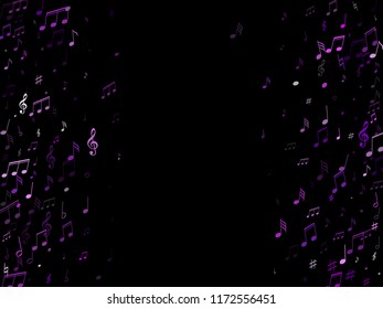 Violet music notes abstract vector musical background. Music symbols flying, musical notation. Isolated notes symbols frame border on black.