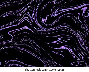 Violet neon fluid marble  background. Fantasy glitter and sparkle ultraviolet, purple on black backdrop. Vector illustration for poster, brochure, invitation, cover book, catalog.