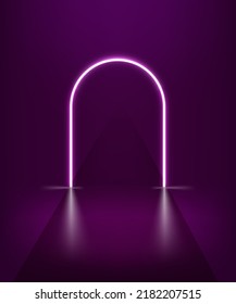 Violet neon glowing way in interior. 3d vector vertical illustration