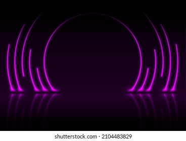 Violet neon laser circles with reflection. Abstract technology background. Futuristic glowing vector design