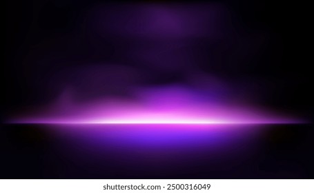 Violet neon light studio backdrop on black background with purple smoke reflecting backlight on wall and floor, dark room excitement and heat, excitement of competition, future and modern technology.