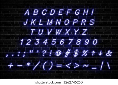 violet neon signs capital letters, numbers and symbols on dark brick wall background. modern vector italics alphabet easy to edit and customize. eps 10