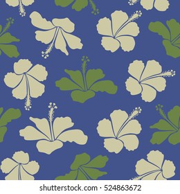 Violet, neutral and green ornament of simple hibiscus flowers, vector abstract seamless pattern for design and textile.