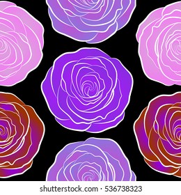 Violet, neutral and pink roses isolated on a black background. Vector floral seamless pattern.