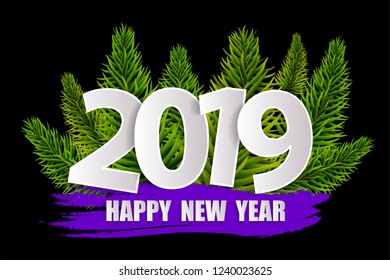 Violet New Year 2019 greeting card concept with christmas tree branches isolated on black. Vector illustration