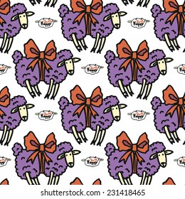 Violet new year funny sheep vector seamless pattern on white background
