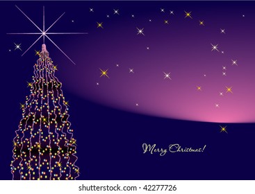 Violet New Year tree on the night and the star on horizon.