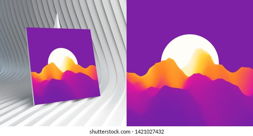 Violet night sky and the light of the full moon. Mountainous terrain. Abstract background. Vector illustration. 