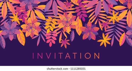 Violet night tropical floral element for header, card, invitation, poster, cover and other web and print design projects. Jungle leaves and flowers geometric motif for surface design. 