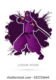 Violet Ninja and sword on splash grunge background graphic vector.