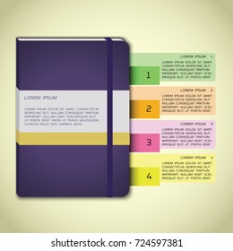 Violet notebook with bookmark and infographics