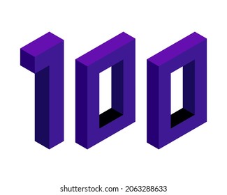 Violet number 100 in isometric style. Isolated on white background. Learning numbers, serial number, price, place. Vector illustration