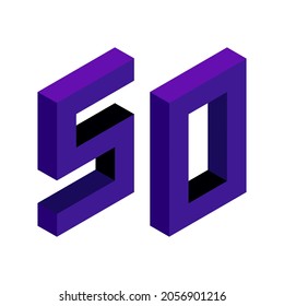 Violet number 50 in isometric style. Isolated on white background. Learning numbers, serial number, price, place.