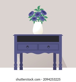 Violet old vintage table with bouquet of peony flowers. Vector illustration in flat style and trendy 2022 colors