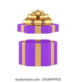 Violet open hexagonal gift box with luxury golden bow ribbon festive surprise 3d icon realistic vector illustration. Purple wrapped present package greeting premium container for holiday birthday
